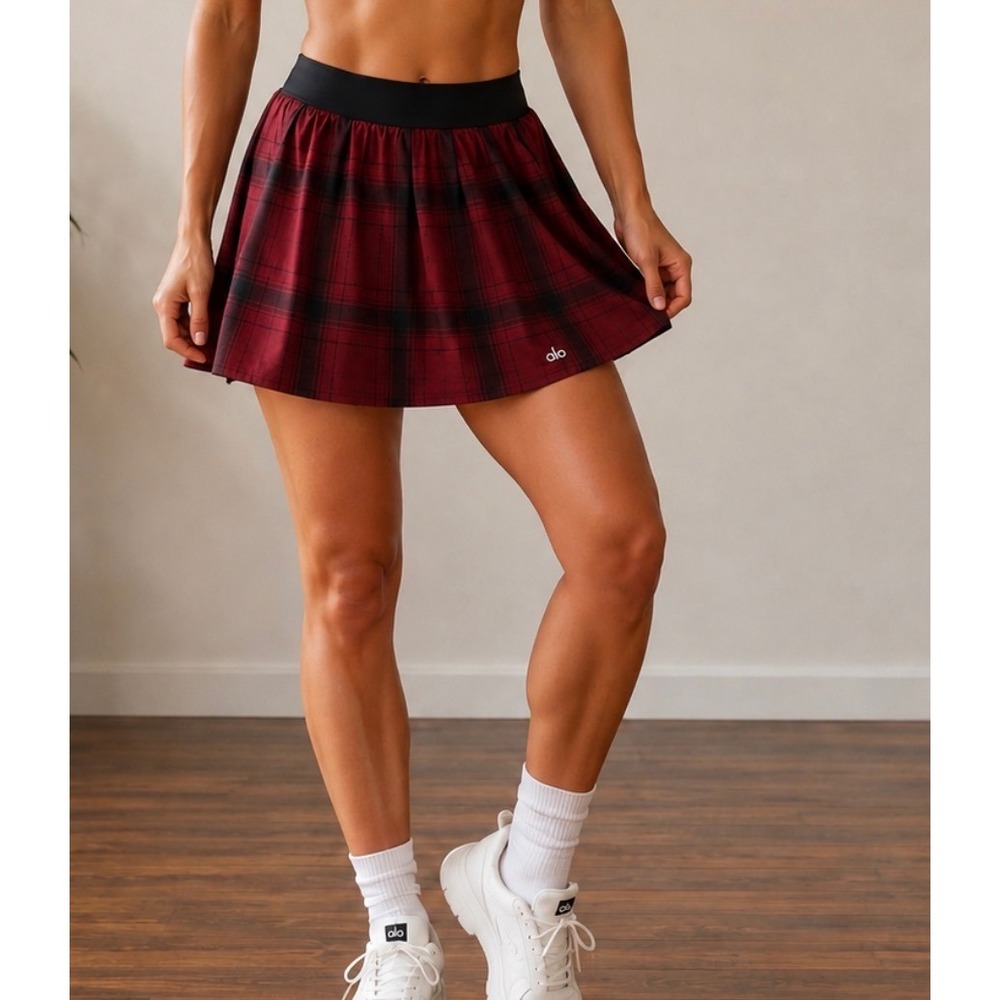Alo Yoga Varsity Tennis Skirt Red Black Plaid Skort XXS Pocket Activewear